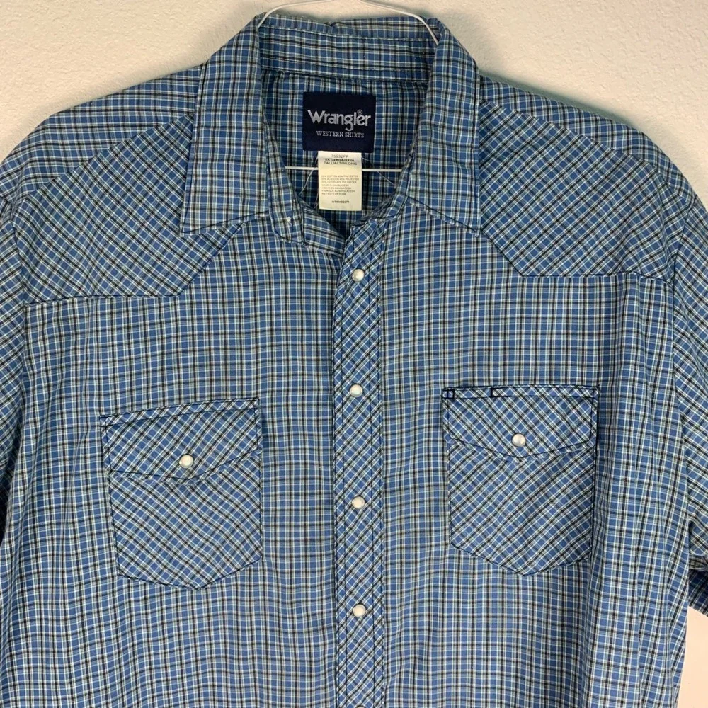 Lot of 2 Wrangler‎ 2XLT Tall Pearl Snap Western Shirts Blue Plaid Short Sleeves